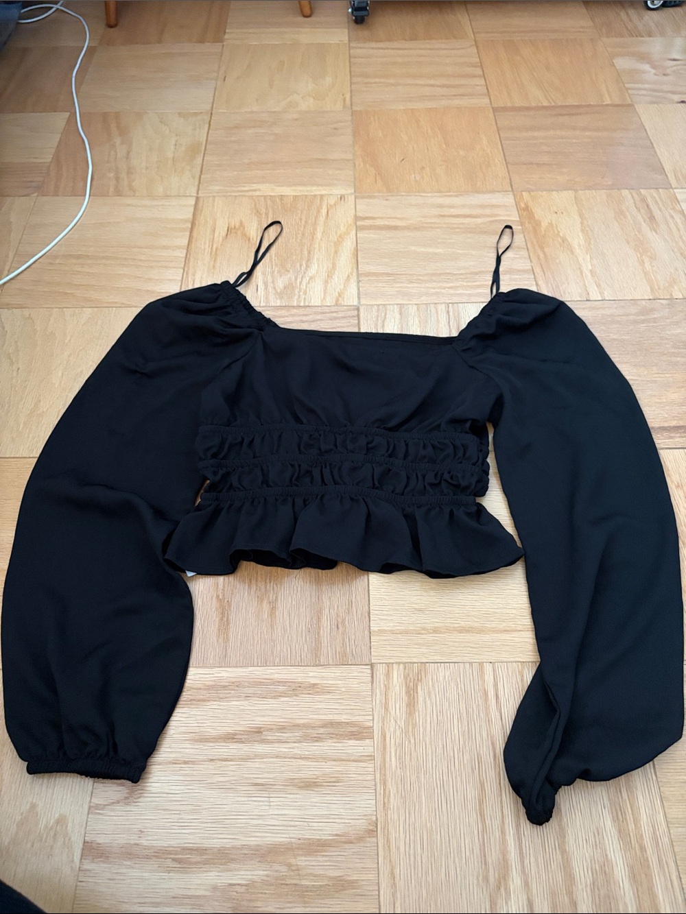 one clothing Black Smocked Ruffle Long Sleeve Crop Top